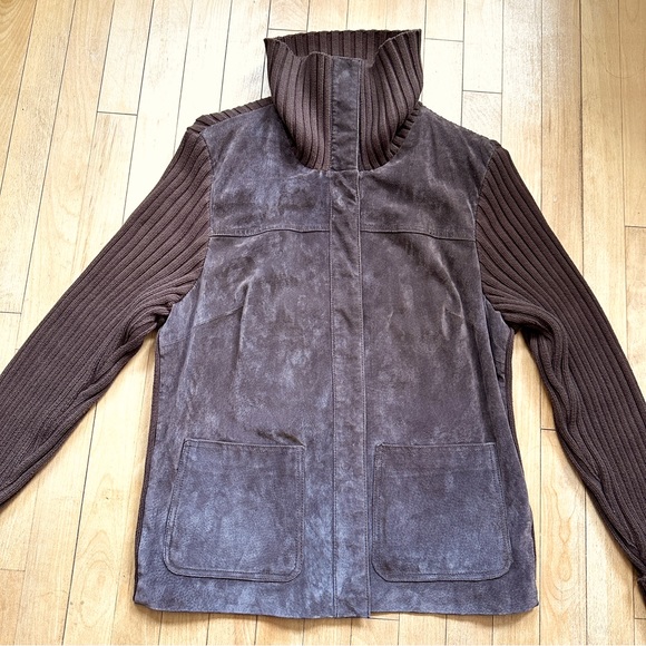 VINTAGE STYLE CHOCOLATE SUEDE LEATHER KNIT BLAZER JACKET OVERSIZED RELAXED M-XL - Picture 4 of 12